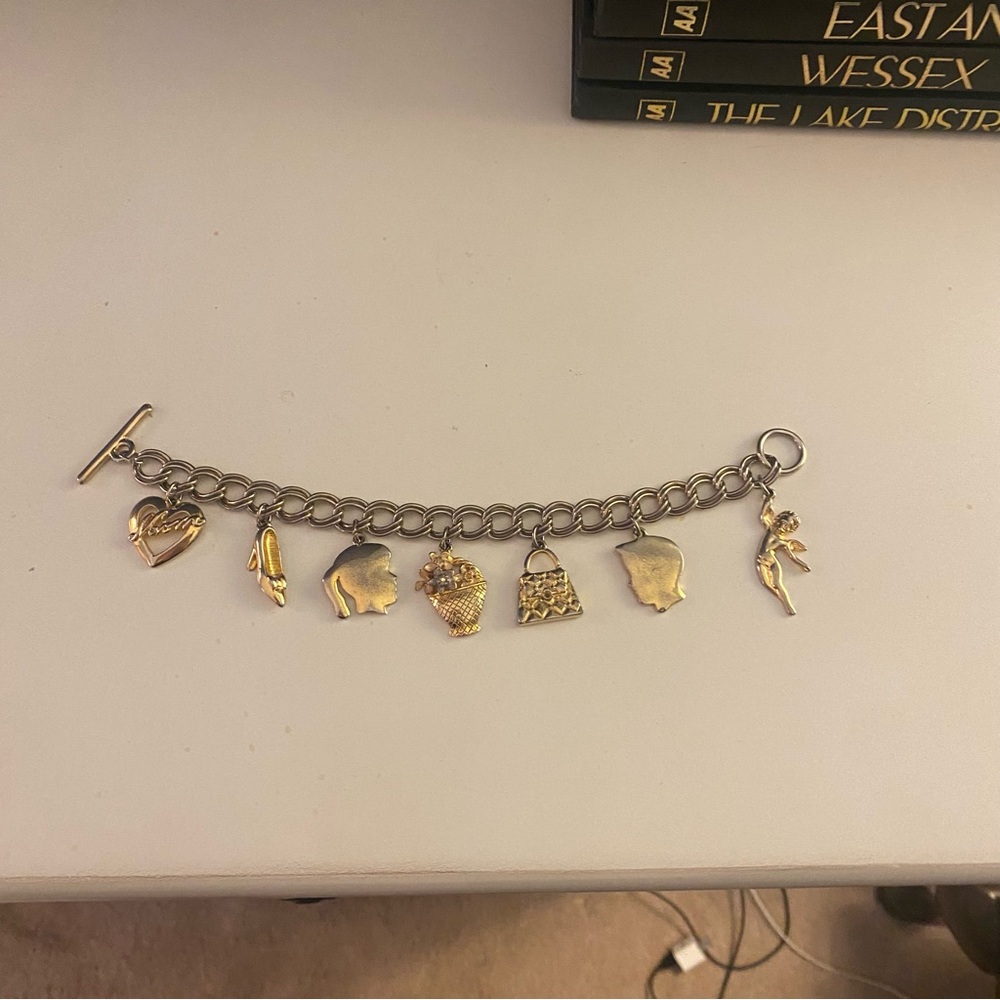 Gold tone costume charm bracelet mom Mother’s Day charms, some wear / marks